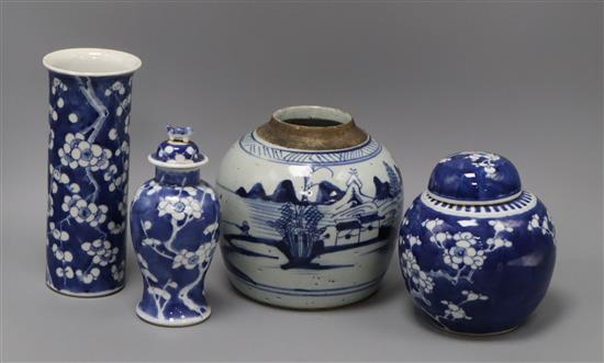 Four pieces 19th century Chinese blue and white - two vases and two jars tallest 21cm